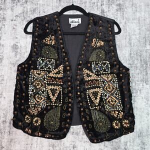 Effect Vest Womens Medium Black Sequin Beaded Velvet Boho Festival Retro 90s M